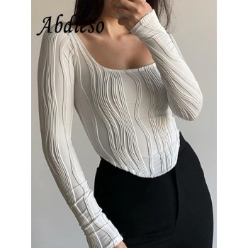 Ruched Long Sleeve T Shirts Women Casual White Skinny Black Basic Tee Fashion Street Cropped 